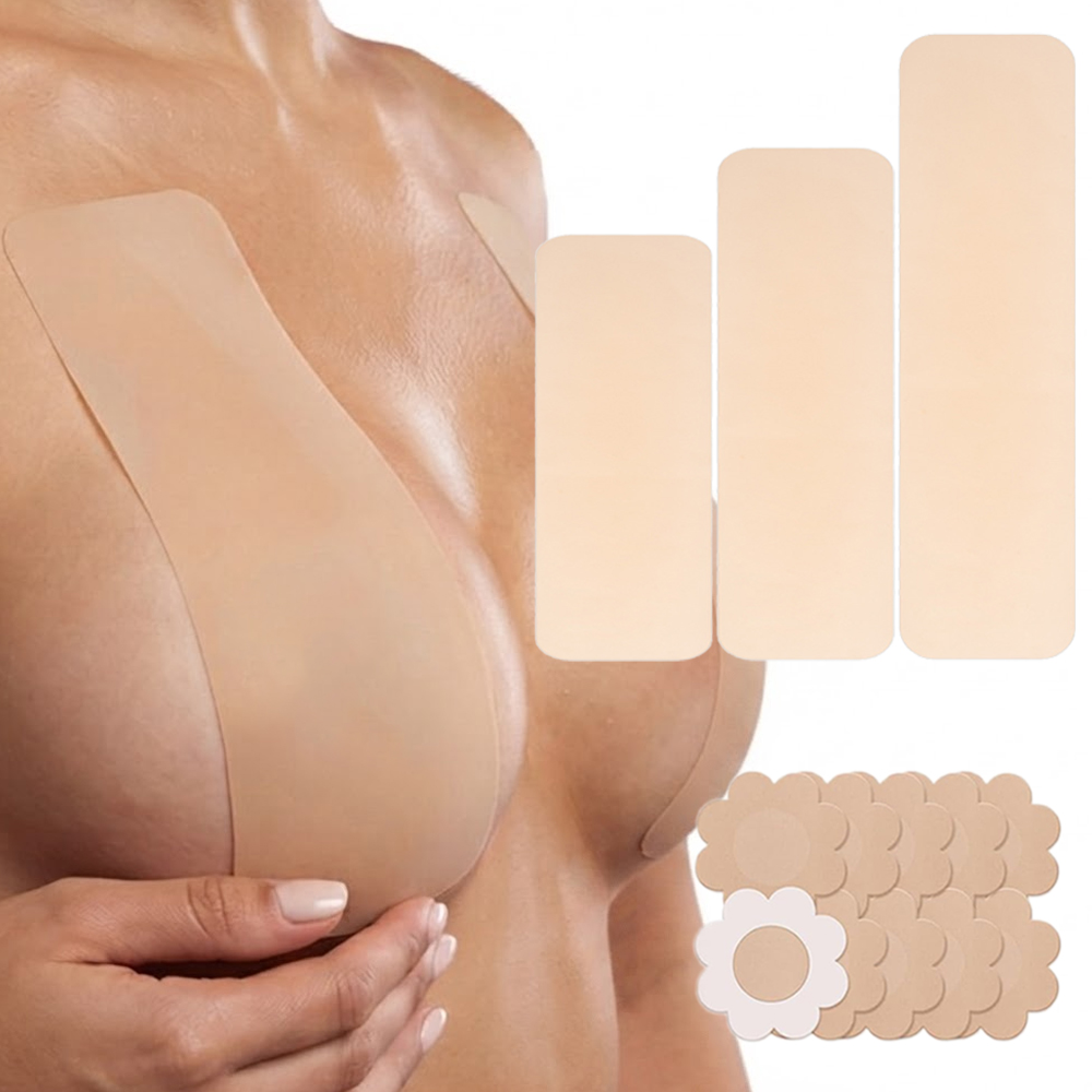 Silicone Bra Adhesive - 6 Stück vorgeschnittene Silikon-Brustbänder, wiederverwendbare Bruststraffungs-Körperstreifen,